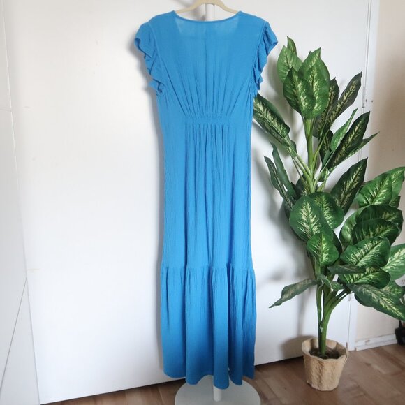Honorine Blue Cotton Gauze Maxi Dress Flutter Sleeves Tiered Tiered Summer M - Picture 4 of 8